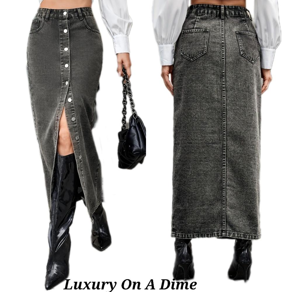 Denim Maxi Skirt with Front Slit